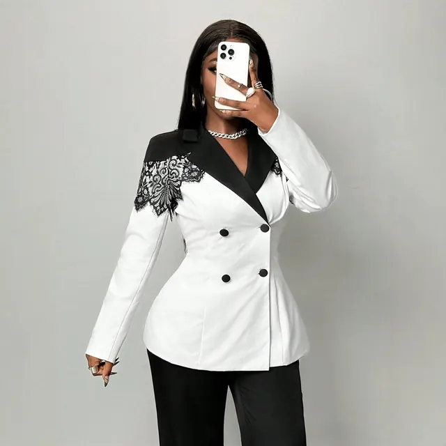 Elegant Solid Color Long Sleeve Polyester Blazer with Lace Craft and Single Breasted Closure