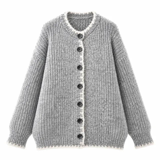 French Style Color Block Long Sleeve Knit Sweater for Women in Polyester with Round Neck and Placket