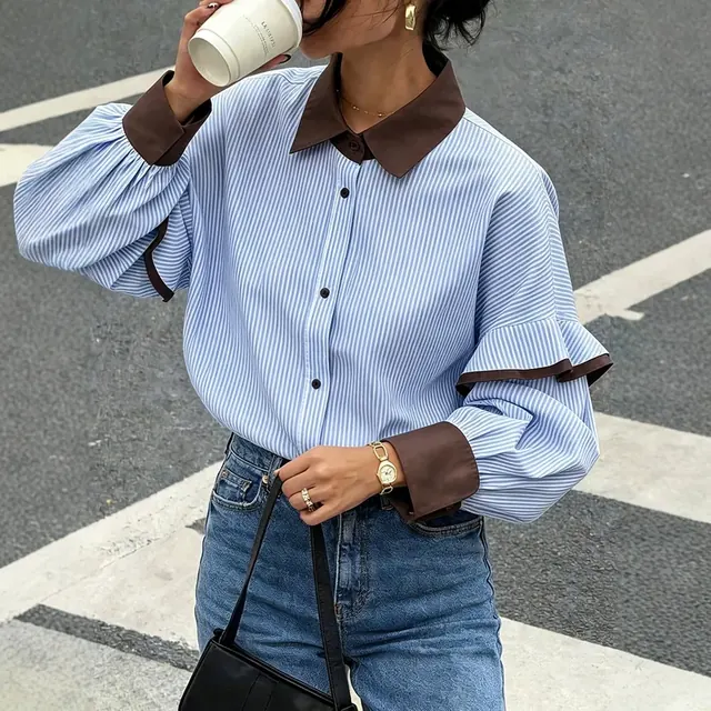 Preppy Style Stripe Long Sleeve Women's Shirt in Loose Fit, Made with Polyester Fabric