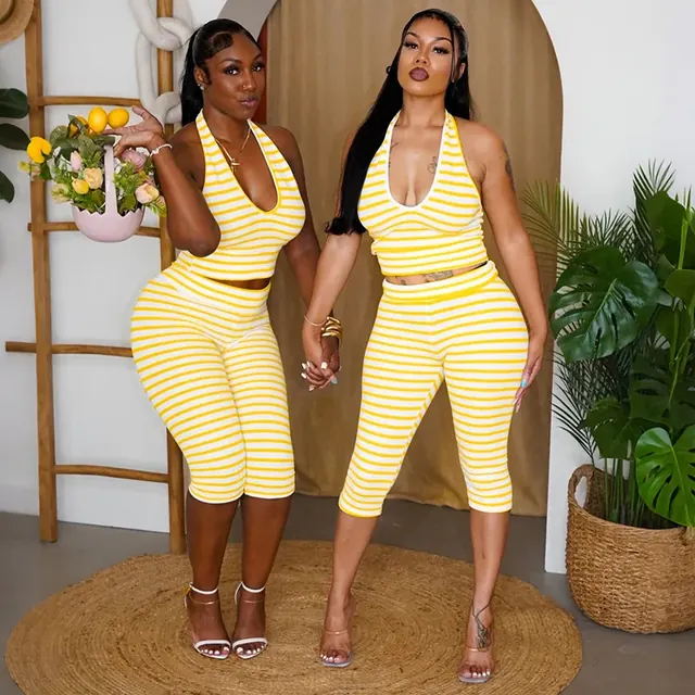 Stripe Vest and Pant Co-ord Set in Milk Fiber featuring Sexy Style with Printing, Skinny Fit and Calf-Length Pants
