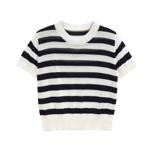 Vintage Style Stripe Short Sleeve Polyester T-shirt for Women with Splicing Craft and Pullover Design