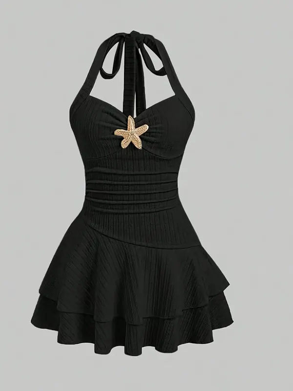 Sexy Solid Color Sleeveless Halter Neck Strap Dress for Beach, Made with Comfortable Polyester Fabric
