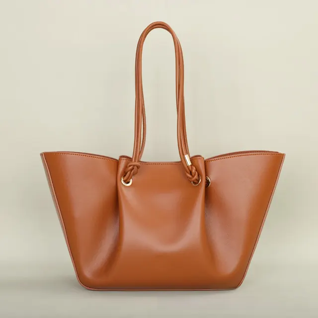 Genuine Leather Women’s Square Tote Bag with Sewing Thread Detail and Top Handle, Featuring Elegant Folds Design