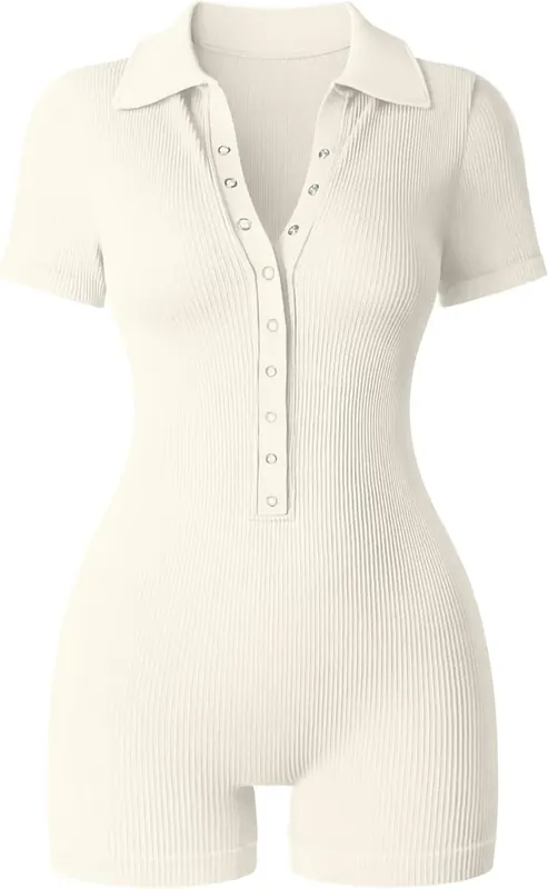 Sexy Women’s Solid Color Rompers with Button Detail, Polyester Fabric, Teddies Style, Holiday Three-Quarter Pants