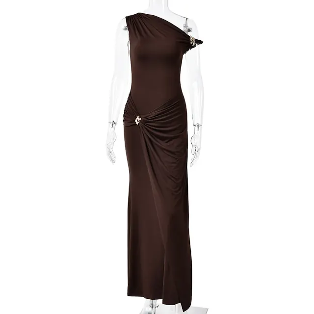 Solid Color Sexy Sleeveless Party Dress with Oblique Collar in Polyester for Banquet