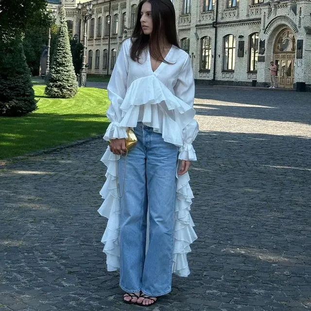 Solid Color Long Sleeve Vacation Shirt for Women in Polyester Fabric Featuring Ruffles and Pullover Design