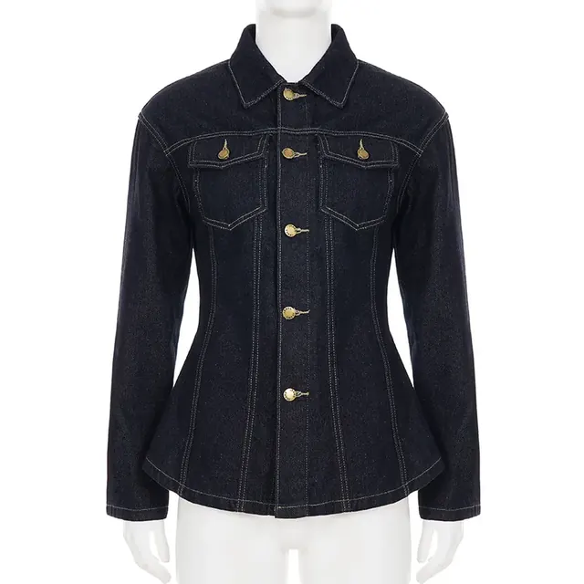 Casual Women's Denim Jacket with Belt in Denim Fabric Featuring Standing Collar and Long Sleeves