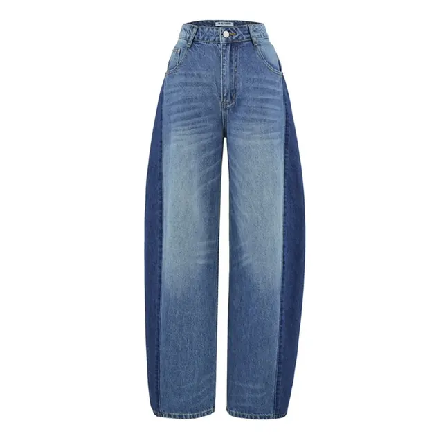 Color Block Full Length Jeans for Women in Denim Cotton Featuring Patchwork Design, Streetwear Style