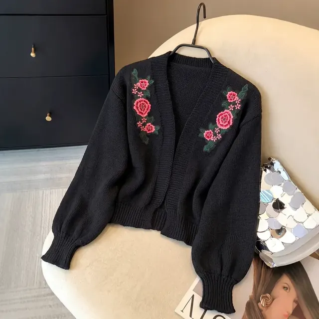 Vintage Style Rose Embroidery Sweater with Long Sleeve, Polyester Fabric, Featuring Placket Closure
