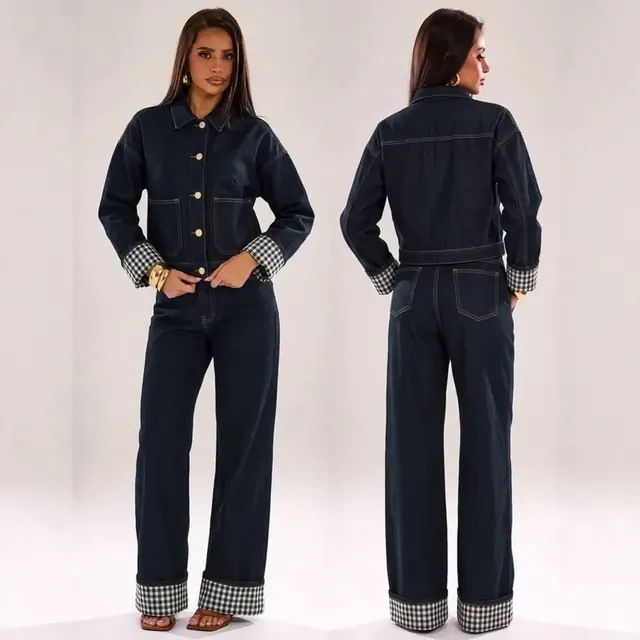 Plaid Denim Pant Co-ord Set with Vintage Style Washed Coat featuring Lapel Collar, 2 Pieces Set