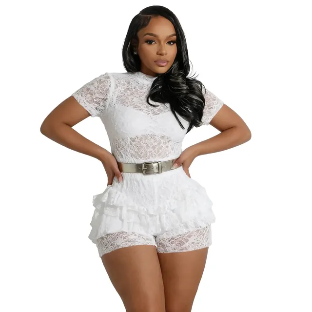 Sexy Lace Rompers Shorts for Women in Polyester Fabric Featuring Delicate Lace Craft with Stretchy Fit