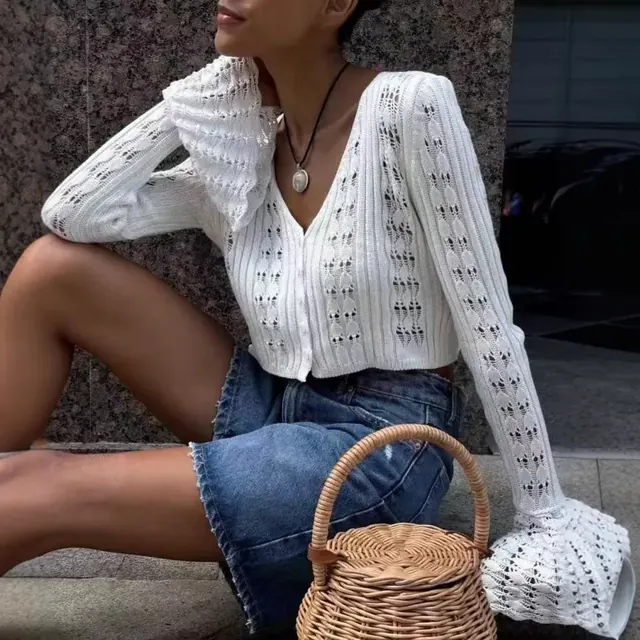 Sexy Solid Color Long Sleeve Knit Top Featuring Hollow Out Craft with Placket