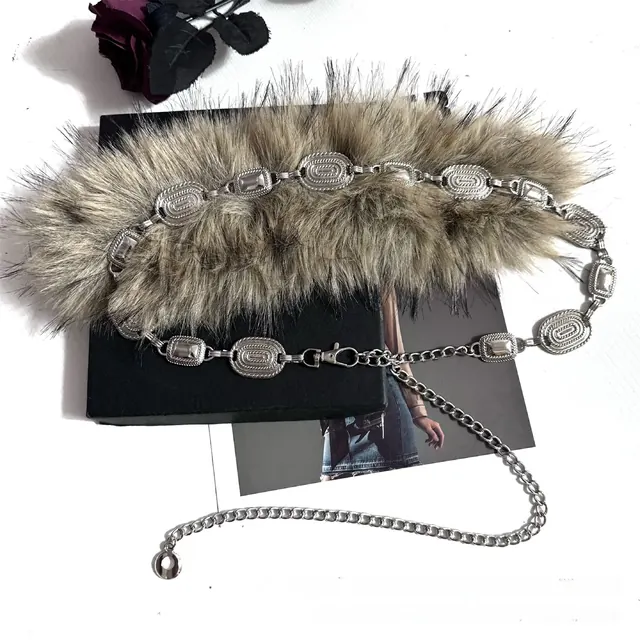 Fuzzy Ball Waist Chain Belt in Silver Metal with Alloy Buckle