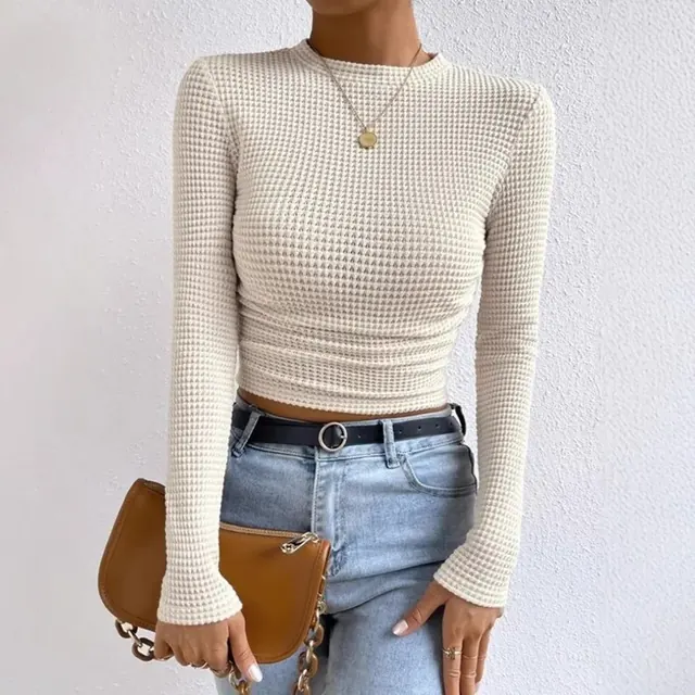 Plaid Long Sleeve Streetwear Pullover T-shirt for Women in Polyester with Round Neck