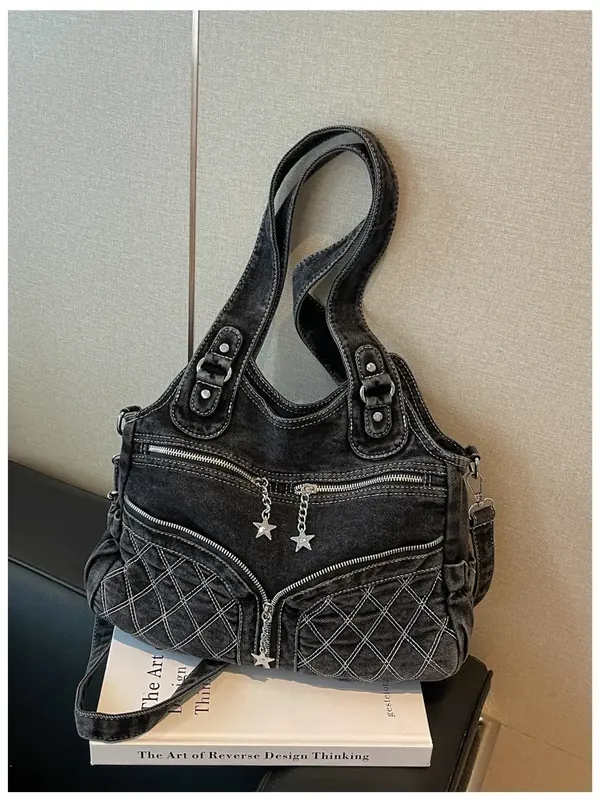 Women’s Solid Color Denim Tote Bag in Square Shape with Single Shoulder Strap and Spacious Capacity