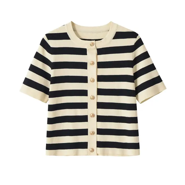 Casual Stripe Knit Short Sleeve Top for Women with Knitted Fabric and Placket Detail