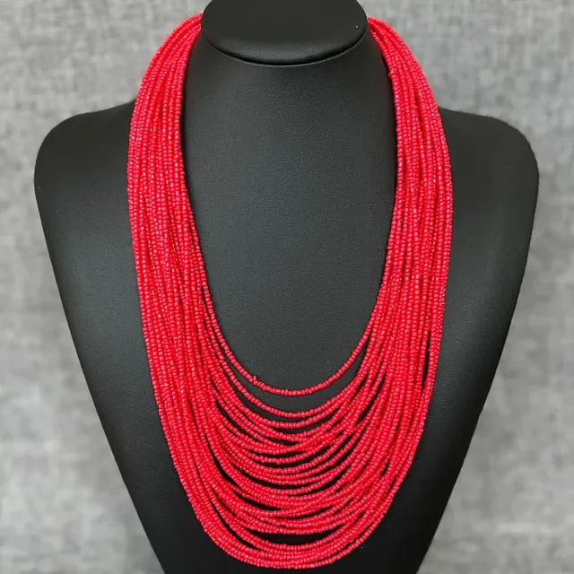 Bohemian Red Beading Layered Necklace with Beaded Chain and Beads Inlay, Unisex Style