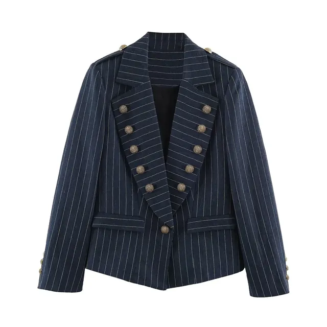Casual Stripe Single Breasted Blazer with Lapel Collar in Polyester Featuring Asymmetrical Design