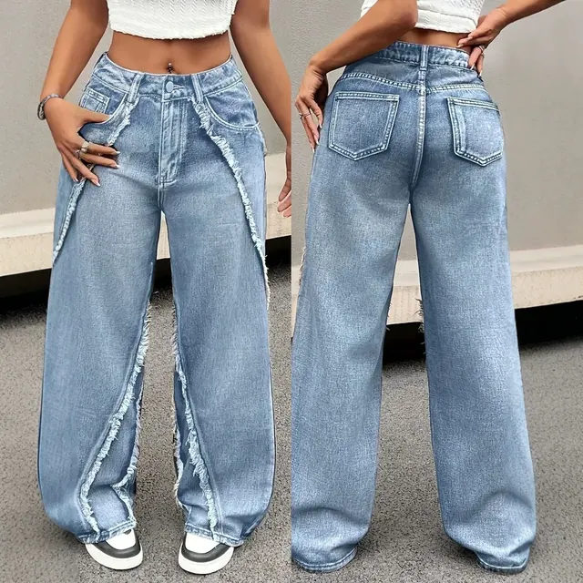 Vintage Style Wide Leg Full Length Pants for Women in Denim Cotton Fabric with Washed Craft, Micro-Elastic, Spring and Summer