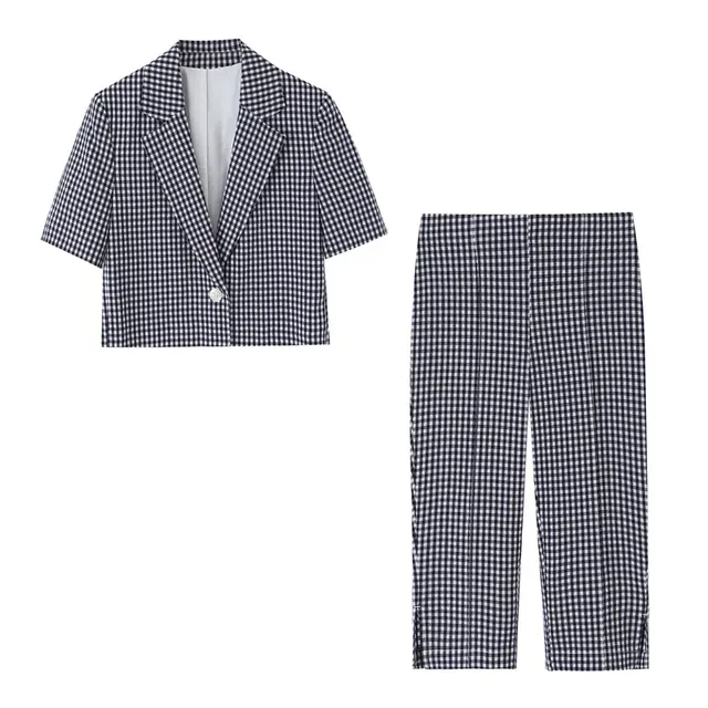 Casual Plaid Pant Co-ord Set in Polyester with Half Sleeve Regular Top and Knee Length Pants, 2 Pieces Set