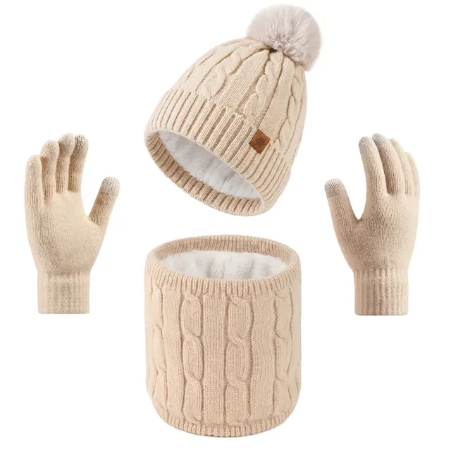 Original Design Solid Color Wool Cap for Women, 3 Pieces Set in Acrylic, Knitted Style
