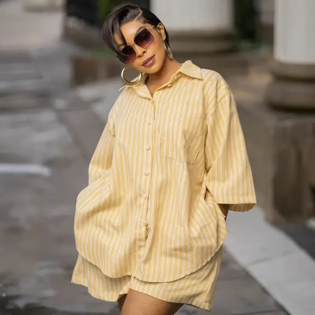 Casual Stripe Shorts Co-ord Set in Polyester Featuring Regular Sleeve Style for Everyday Wear