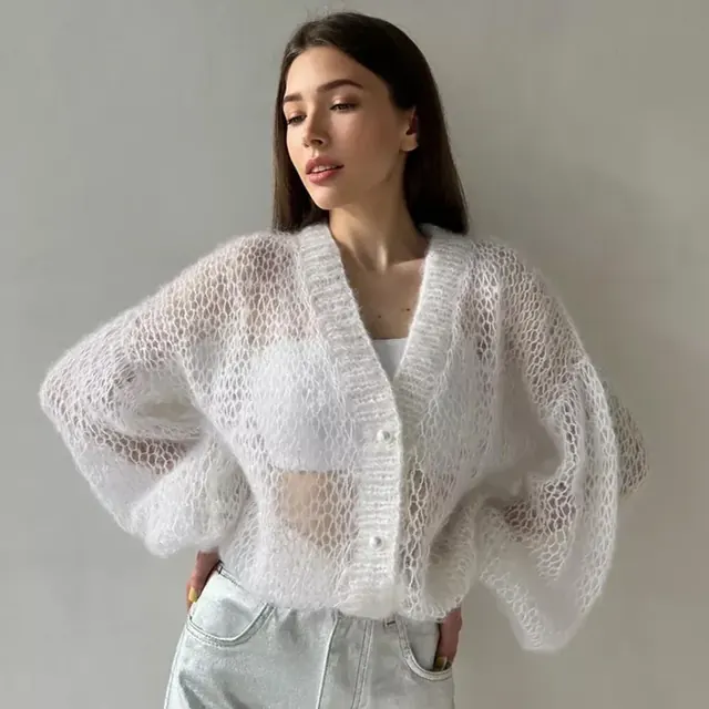 Solid Color Polyester Sweater with Long Sleeves, V Neck, and Single Breasted Closure in Streetwear Style