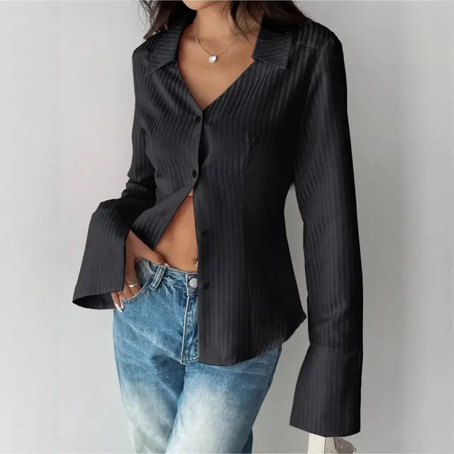Elegant Long Sleeve Stripe Polyester Shirt for Women with V Neck Featuring Printing Craft
