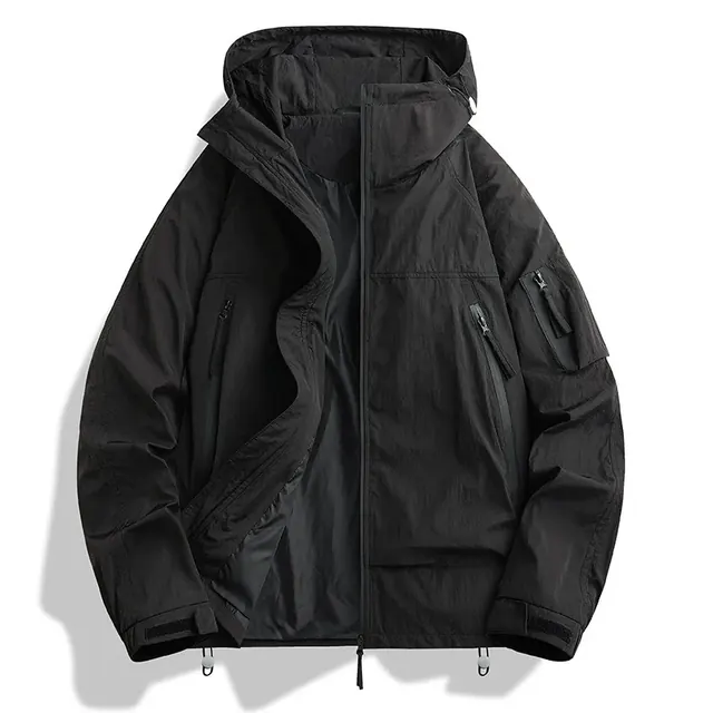 Men's Solid Color Outdoor Jacket with Zipper Placket in Dyed Black, Made of Durable Nylon Fabric