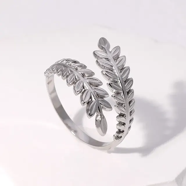 Waterproof Non Tarnish Leaf Adjustable Ring for Women in 304 Stainless Steel with Real Gold Plated PVD Coating