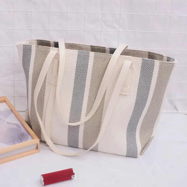 Large Stripe Canvas Tote Bag with Zipper Closure, Streetwear Style Featuring Polyester Lining for Women
