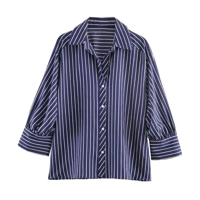 Stripe Blouse for Women in Vintage Style with Puff Sleeve, Polyester Fabric, Featuring Single Breasted Closure and Shirt Collar