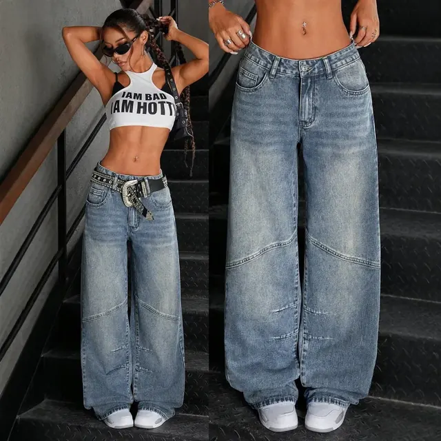 Streetwear Wide Leg Full Length Pants for Women in Washed Denim Cotton, Inelastic Street Style