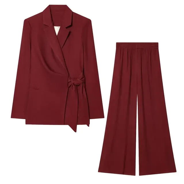 Business Linen Blazer Suits Co-ord Set with Front Tie Featuring Double Breasted Closure and Long Sleeves for Professional Women