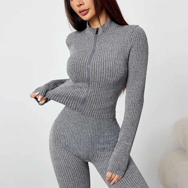 Women's Solid Color Flared Yoga Pants with Zip Collar in Grey Polyester Featuring Zipper Closure