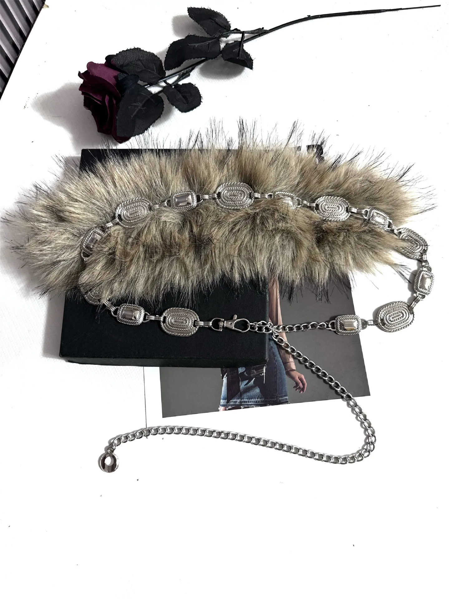 Fuzzy Ball Waist Chain Belt in Silver Metal with Alloy Buckle
