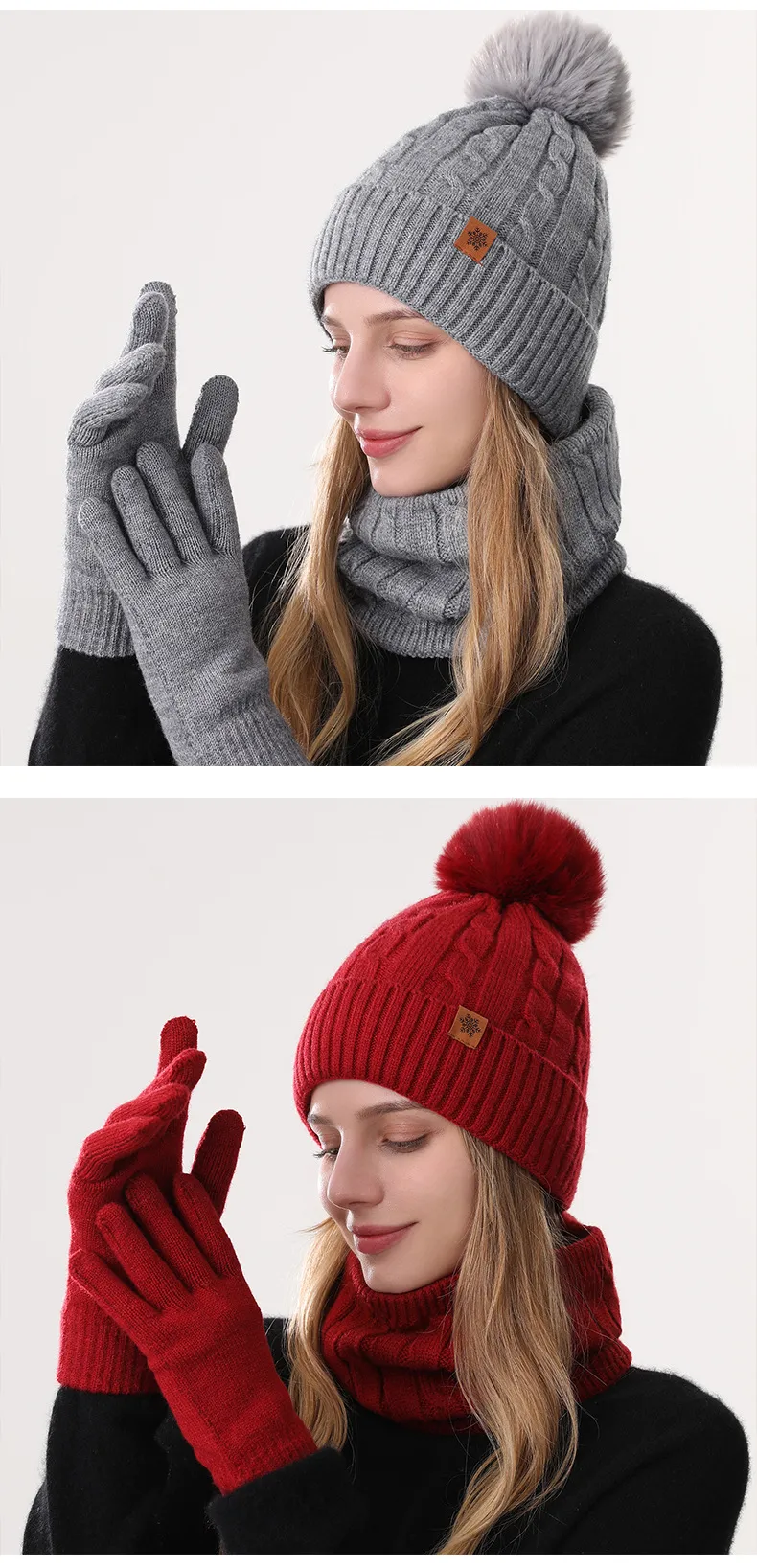 Original Design Solid Color Wool Cap for Women, 3 Pieces Set in Acrylic, Knitted Style