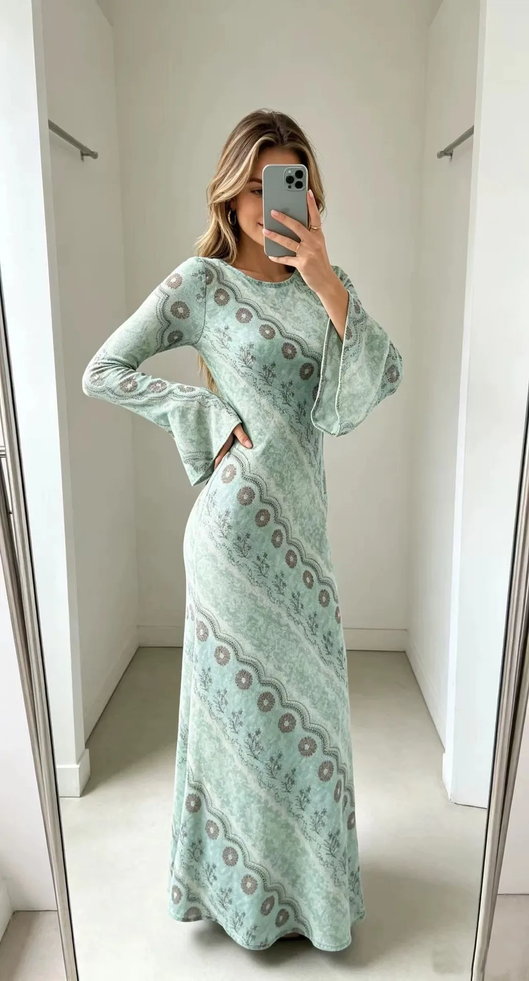 Printing Long Sleeve Round Neck Sheath Dress in Cotton Polyester Fabric for Vacation and Travel