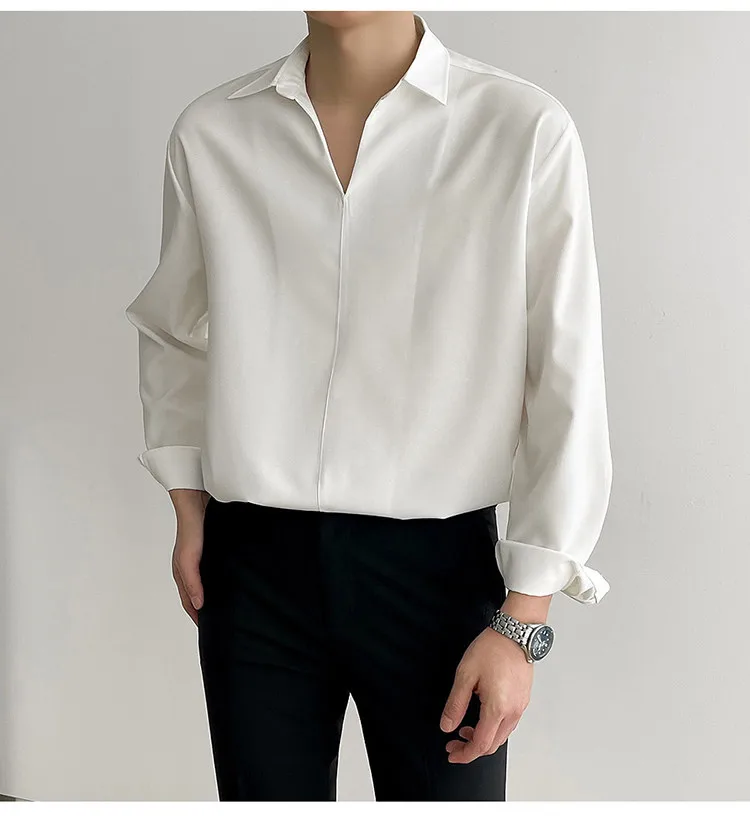 Solid Color Long Sleeve Men's Shirt in 4-Way Stretch Fabric with V Neck Pullover Design for Autumn