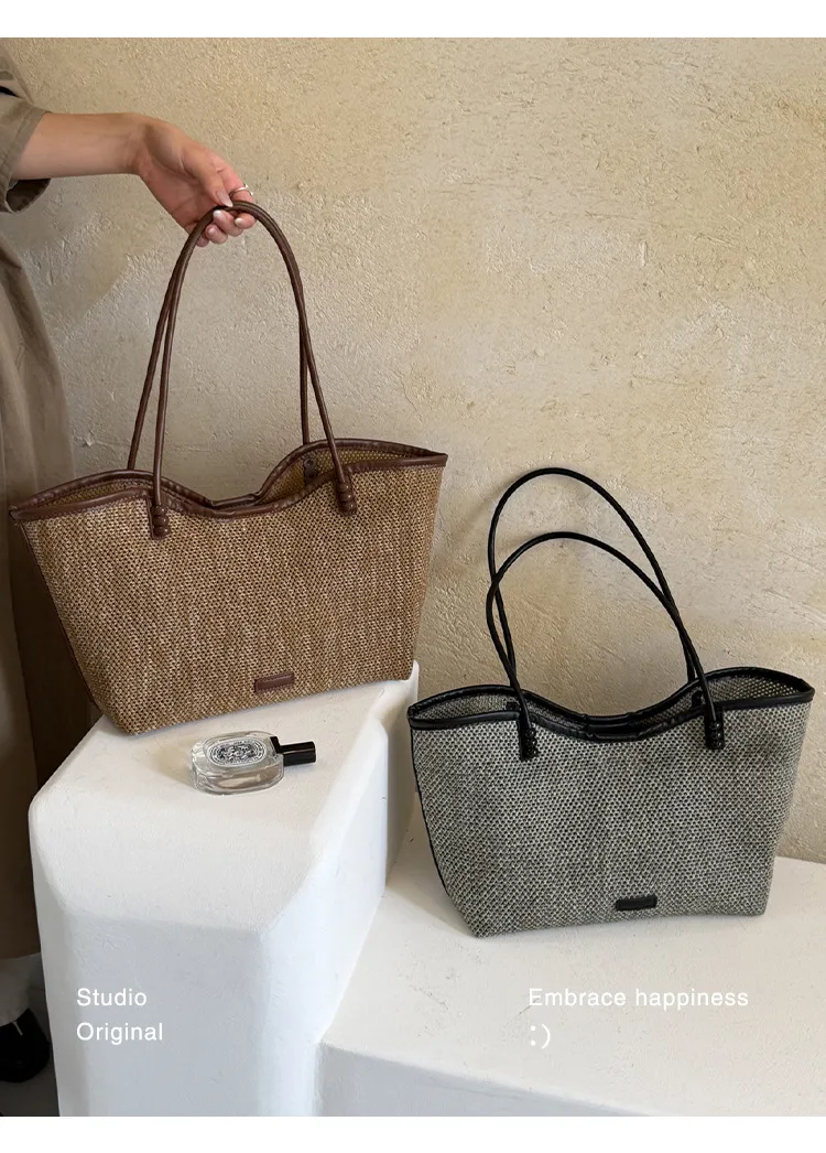 Solid Color Square Straw Tote Bag for Women with Braid Detail and Single Shoulder Strap