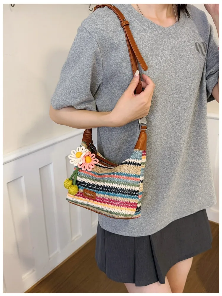 Rainbow Straw Bucket Bag for Women with Braid Detail, Perfect Summer Shoulder Bag
