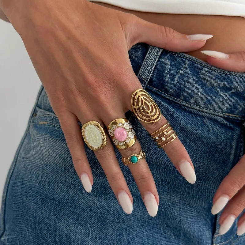 Asymmetrical Sunflower Open Ring in 304 Stainless Steel with 18K Real Gold Plated PVD Coating and Turquoise Inlay