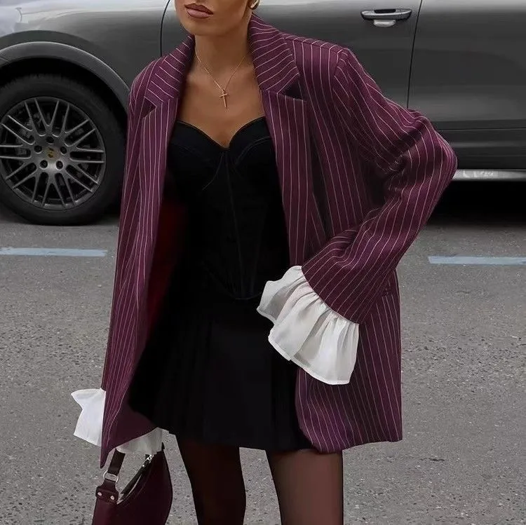Casual Long Sleeve Polyester Blazer Featuring Stripe Printing with Single Breasted Closure
