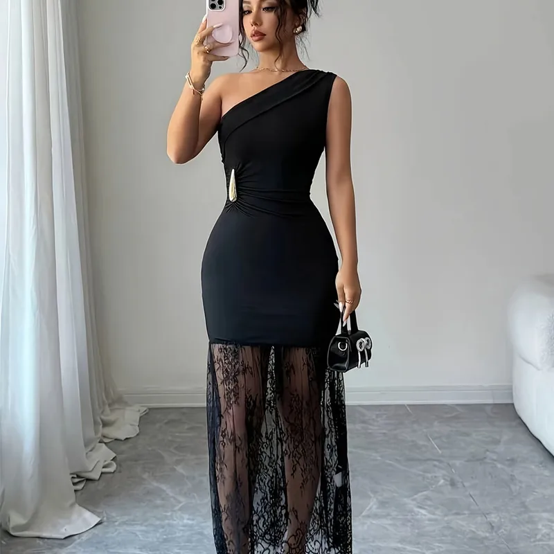 Elegant Solid Color Party Dress with Oblique Collar, Backless Design in Polyester Midi Dress