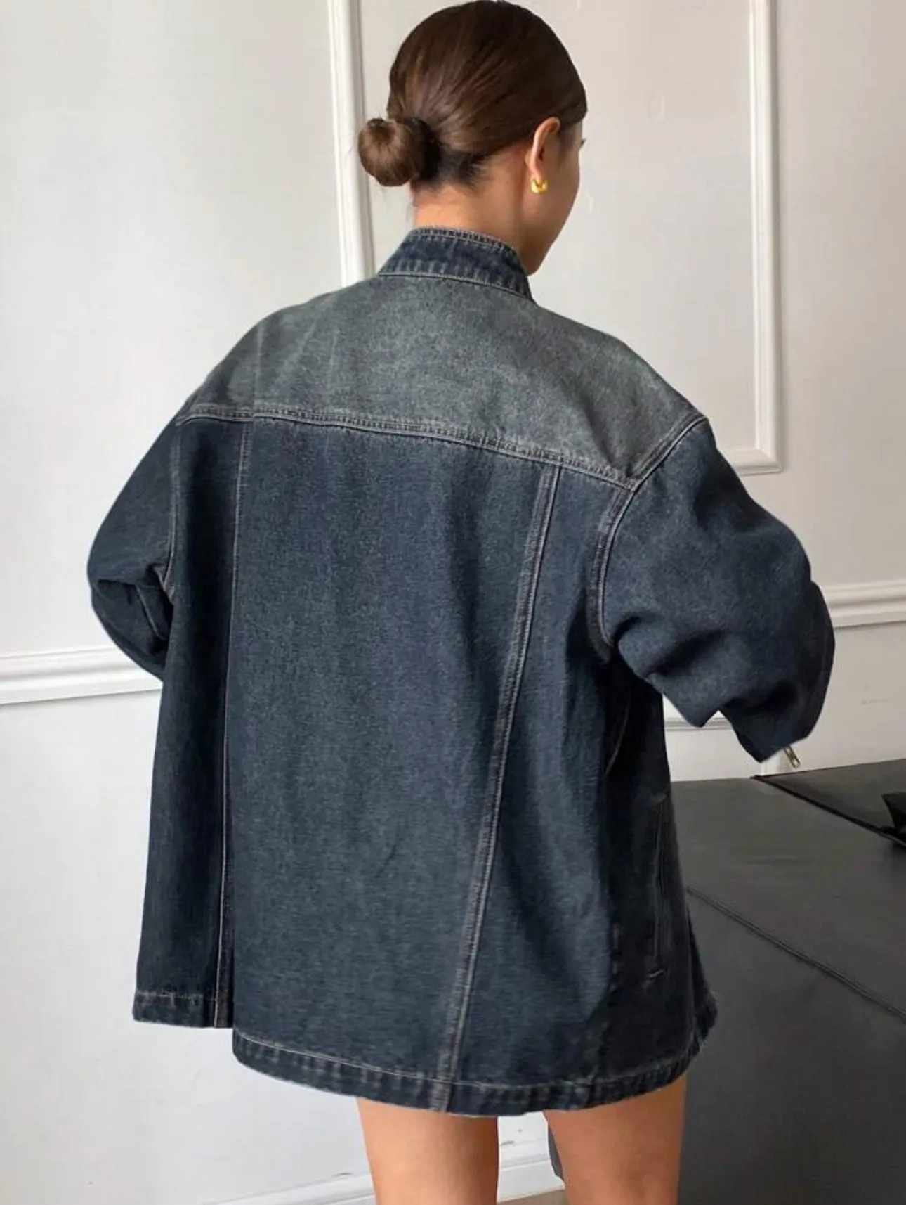 Vintage Style Denim Jacket Coat with Zipper Placket, Standing Collar, Washed Cotton Blends Fabric for Women