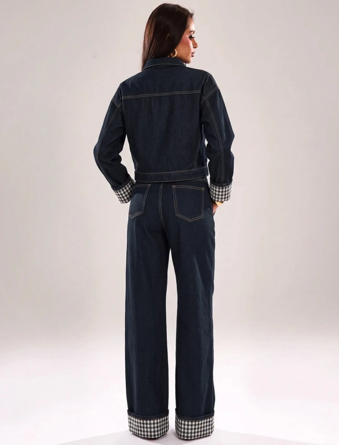 Plaid Denim Pant Co-ord Set with Vintage Style Washed Coat featuring Lapel Collar, 2 Pieces Set