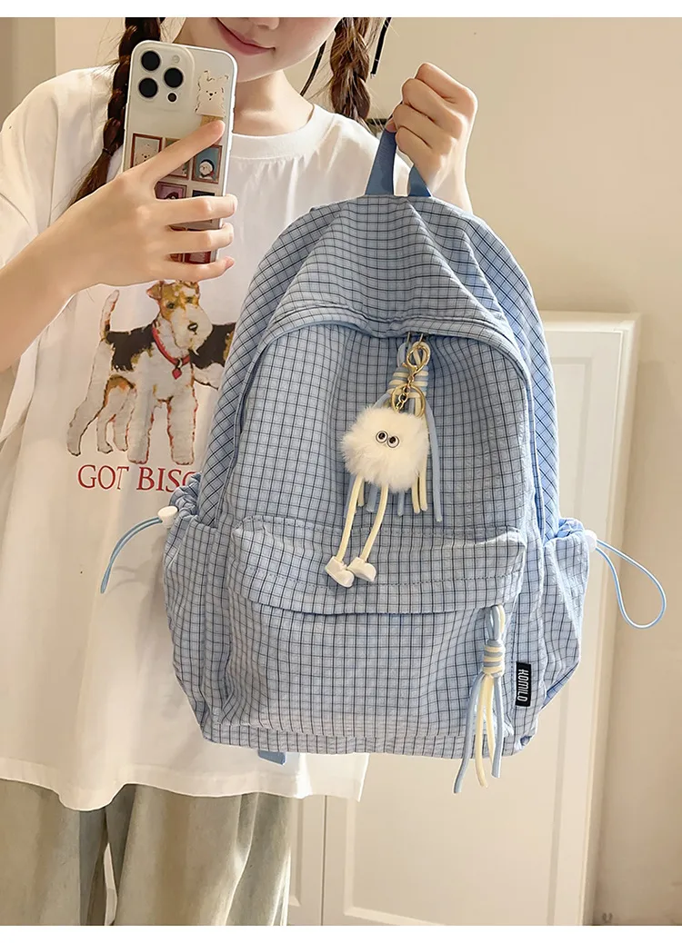 Children Unisex Plaid Nylon School Backpack with Ornament, Breathable Design for Spring and Summer