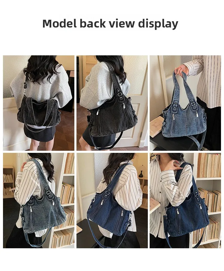 Women’s Square Denim Tote Bag with Sewing Thread Detail, Single Shoulder Strap, Perfect for Spring