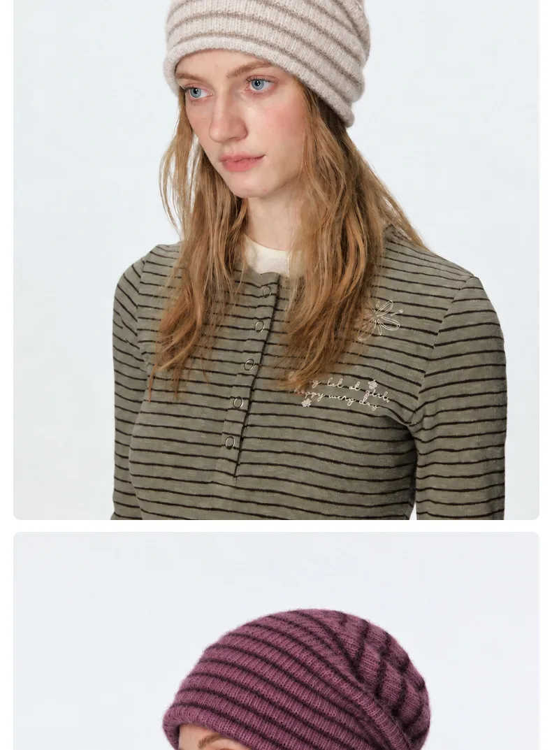 New Style Warm Stripe Wool Cap for Women, Brimless Design in Soft Acrylic Material