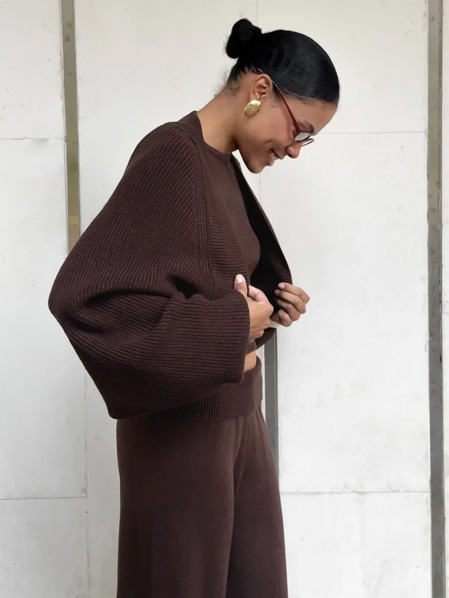 Elegant Solid Color Wide Leg Pants Pant Co-ord Set in Knitted Fabric with Knitted Craft, Featuring Halter Style, 3 Pieces Set